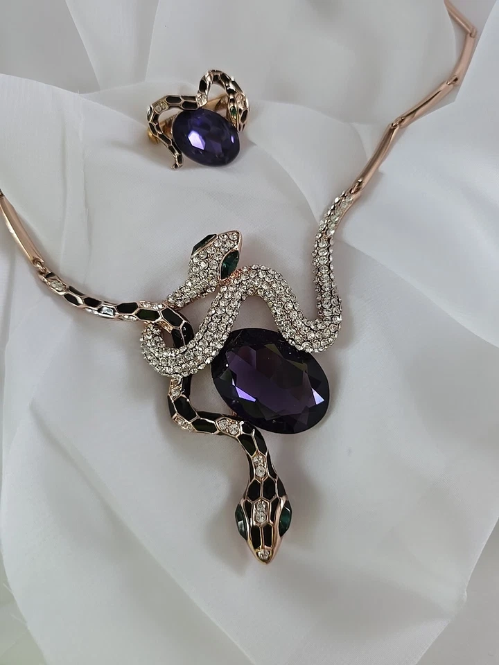 Viennois Double Snakes Necklace with Pin Set Rose Gold Plated Purple Gem 19" Foto 4 de 4