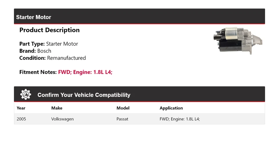 Para Volkswagen Passat 2005 1,8 L L4 tracción delantera arranque Bosch (remanufacturado) Foto 2 de 4