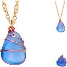 USA Handmade  COPPER wire-wrapped SEA GLASS BLUE pendant  chain necklace 1