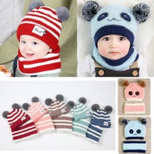 US Toddler Baby Knit Hat  Scarf Set Winter Warm Striped Fleece Lined Beanie Cap
