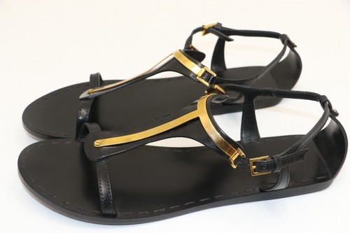 Sandali Tom Ford neri in pelle e metallo dorato con cinturino a T piatto EU 40,5 US 8,5 - Foto 7 di 23
