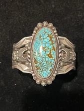 Navajo Aaron Toadlena Stamped Kingman Turquoise Cuff Sterling Silver 6 3/4”