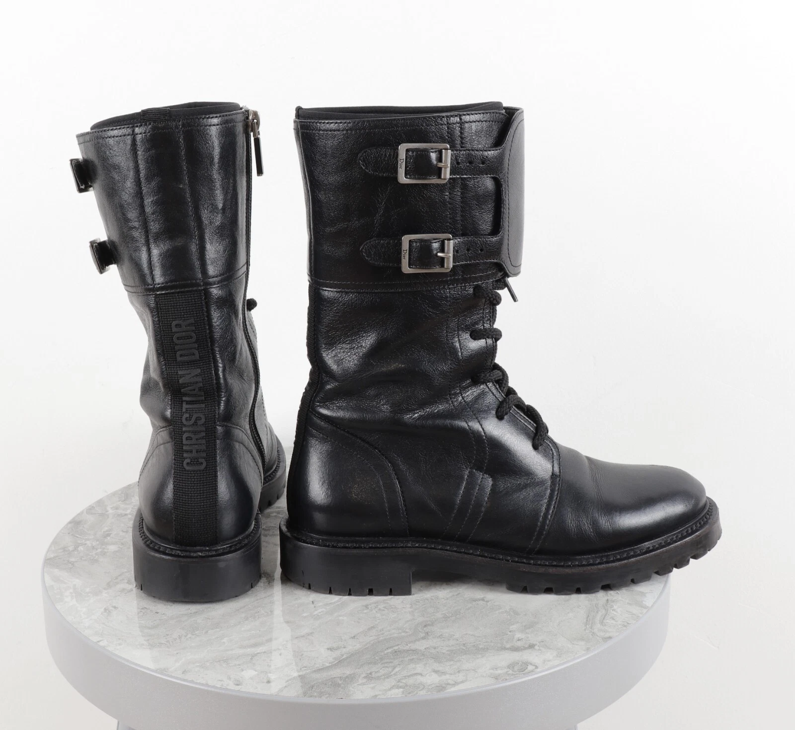 Bottes de combat motard femme Christian Dior boucle cuir noir pointure 37