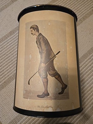 Vintage Pixie Products Metal Wastebasket   Golf Theme Victorian Golfer Art USA