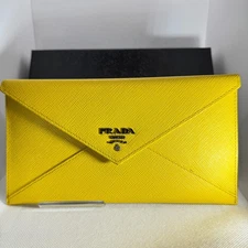 PRADA Saffiano Leather Envelope Long Wallet Yellow Bifold Purse Authentic w/Box