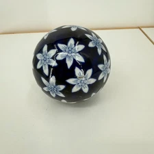 Vintage Blue White Floral Glazed Glass Decorative Orb Large Ball
