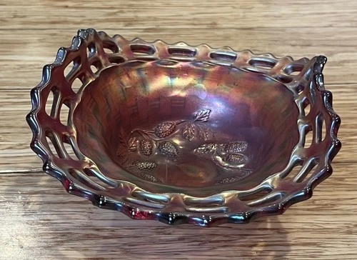 Fenton Blackberry Open Edge 2 Sides Up 7"  Bowl Basket Weave Exterior Iridescent