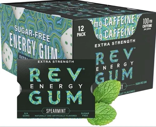 Rev Energy Gum 100mg of Caffeine - Sugar Free Spearmint, 12 Pack 72 Pieces Total