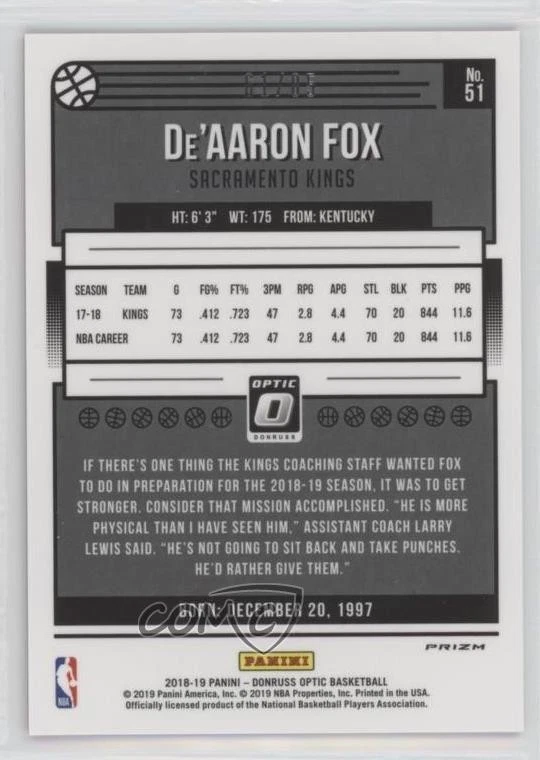 2018-19 Panini Donruss Optic Fast Break Red Prizm /85 De'Aaron Fox #51 - Image 2 of 2