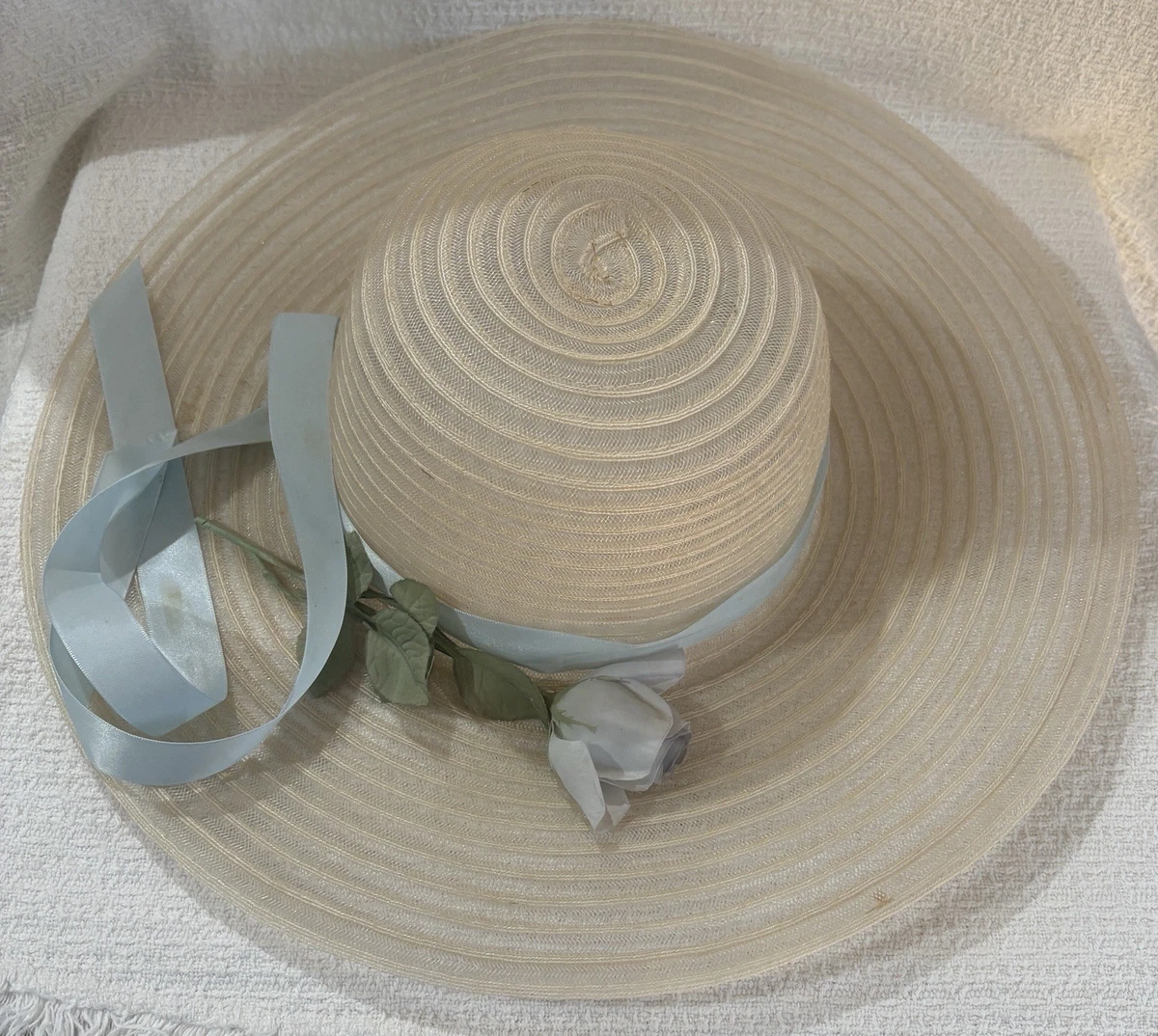 Vintage Marionette Wide Brim Womens Hat W/ Box Ivory Floral Ribbon 15\