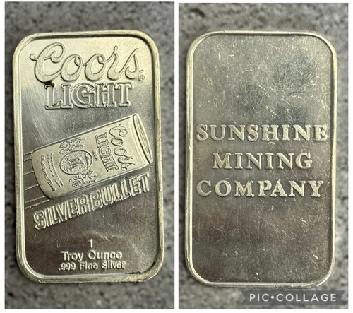 Coors LIGHT Silver bullet Sunshine Mining Co .999 Fine Silver Rare Toned!