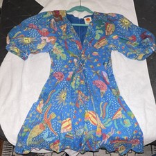 Farm Rio Ocean Stories Lace Up 100% Cotton Minidress Size S puffed Sleeve