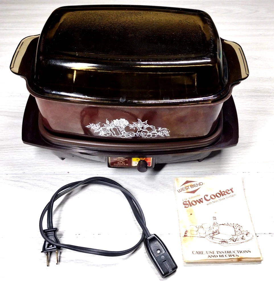Vintage West Bend 4 Quart Slo Cooker #84114 Brown W/Amber Glass Top, Recipe Book