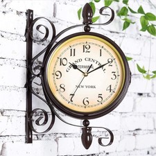 Large Outdoor Garden Station Wall Clock Double Sided Bracket Rust Copper Effect