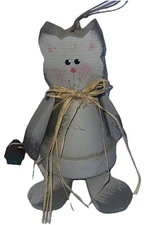 Vintage Hanging Terra-Cotta Cat Pot And Wooden Wind Chime Yard Decoration 10x10”