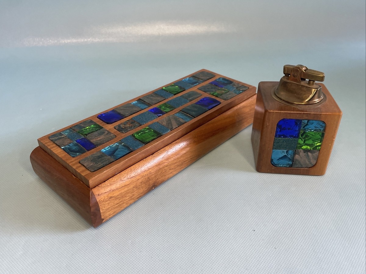 lillian cigarette case Vintage Lillian of California Tile Mosaic Lighter Cigarette Box Mid Century  MCM