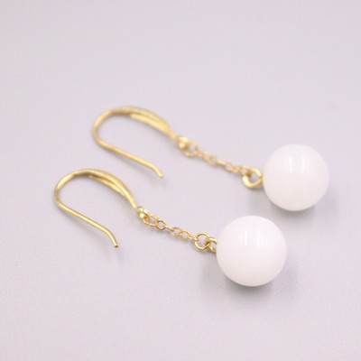 Solid 925 Sterling Silver Earrings With White Jade Bead Dangle Earrings 35mm L