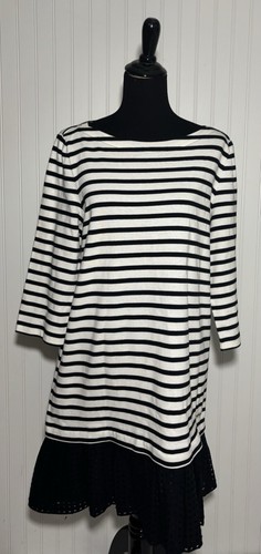 Kate Spade Dot Eyelet Stripe Dress Broom Street Black Off White Womens Size XL