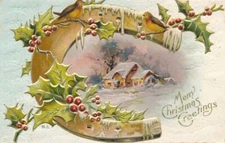 Merry Christmas Greetings - Horseshoe Holly and Rural Home - pm 1911 - DB