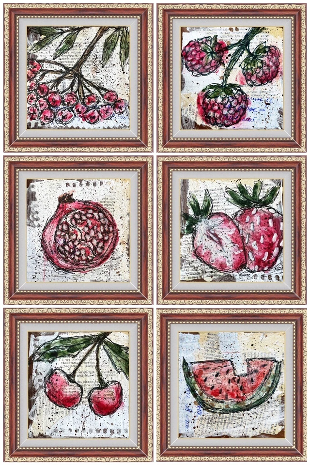 Conjunto de arte enmarcado lote de pintura en miniatura original firmado paquete de arte pintura de alimentos Foto 4 de 4