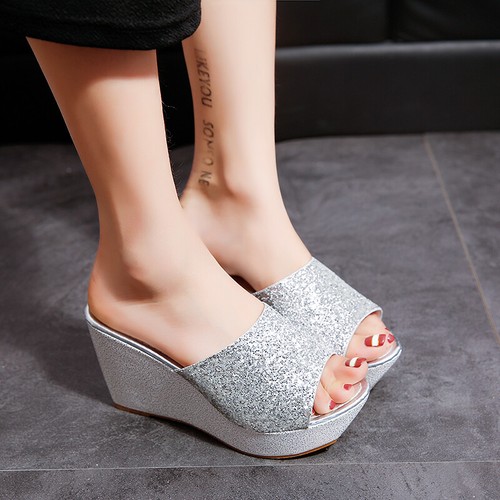 Ladies Bling Glitter Slippers Platform Wedge Heels Sandals Peep Toe Shoes  Party | eBay