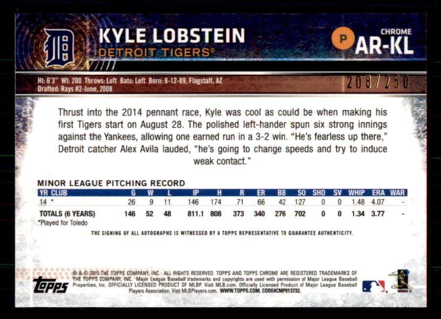 2015 Topps Chrome Rookie Purple Refractor Kyle Lobstein Auto #/250 (ref 30567) - Image 2 of 2