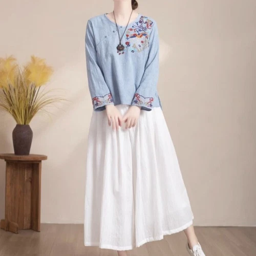 New Lady Embroidered Chinese Shirts Tops Blouse Retro Ethnic Floral Vintage - Picture 9 of 16