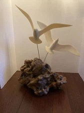 John Perry 2 SEAGULLS IN FLIGHT Sculpture on Driftwood Base MCM