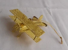 Vintage Gold Colored Brass Metal Bi-Plane Airplane Christmas Holiday Ornament