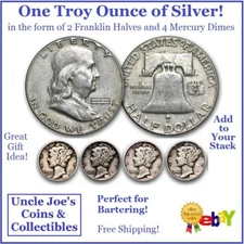 One Troy Ounce of Silver: 2 Franklin Halves Plus 4 "Mercury" Dimes - Save/Barter