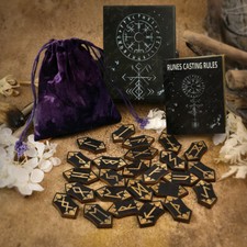 Noir en Bois Rune Set Autel Tarot Accessoire Sorcière Wicca Avec Guide &