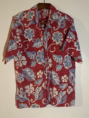 Go Barefoot Men's Red Short Sleeve Floral Hawaiian Button Down Shirt Size L