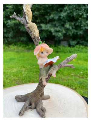 Fairy Garden Sprite Reading Book with Squirrel  Enchanted Forest Figurine