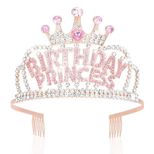 Birthday Princess Crown with Combs Birthday Rhinestone Tiara Rose Gold - Picture 2 of 6