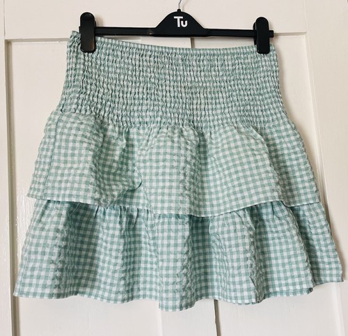 New Primark Green Gingham Check Shirred Tiered Skirt UK12 L18"