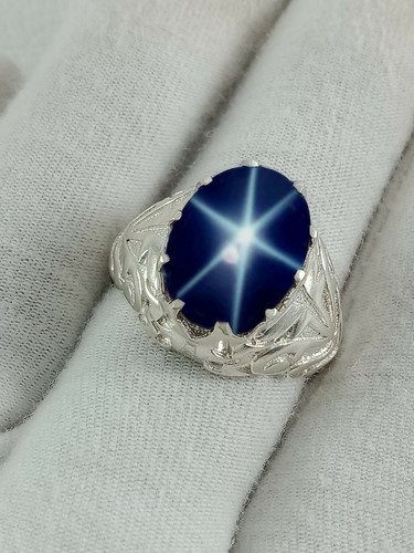 Big Star Genuine Blue Star Sapphire, 92.5 Sterling Silver Ring Men's Star Ring - Picture 3 of 3