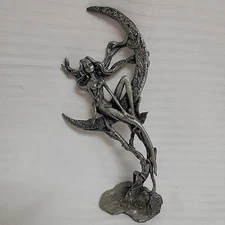 Metal Pewter Hunters Moon? Nymph Sculpture Fantasy Figurine Cresent Wall Decor 