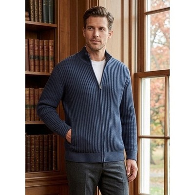 LL Bean Ribbed Full Zip Cardigan Sweater Men's Large Reg Navy Mock Neck Travel