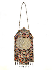 1920s Antique ART DECO Gold MESH Highly-Detailed ENAMEL FLAPPER PURSE Handbag VG