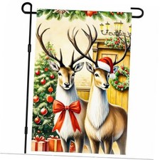 Merry Christmas Garden Flag Festive Reindeer Santa Hat 12x18 Christmas Tree