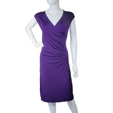 Ralph Lauren Sheath Dress Womens M Royal Purple Midi Faux Wrap Ruched Stretchy