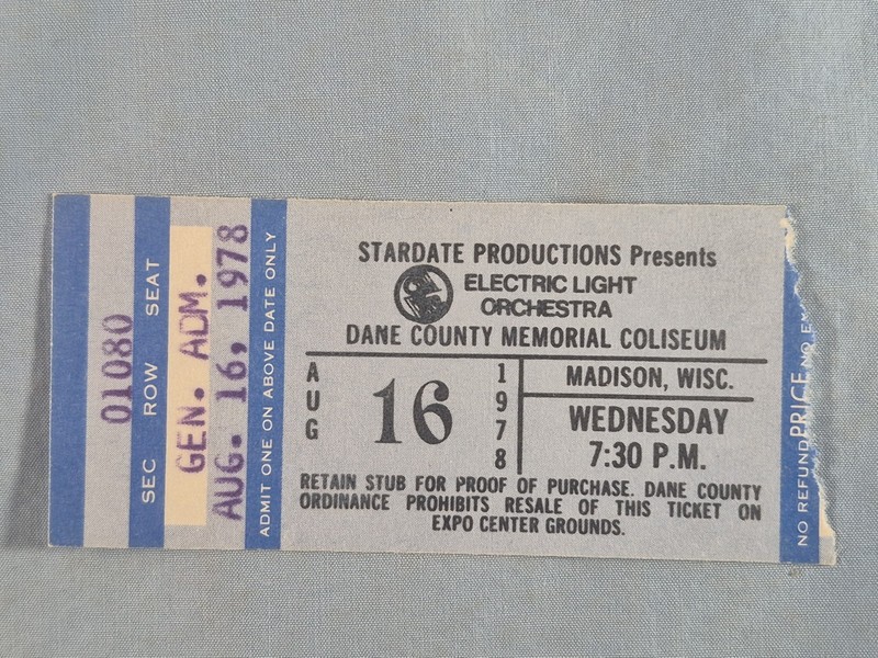 August 8-16-78 1978 ELO Electric Light Orchestra Ticket Stub Dane County Madison