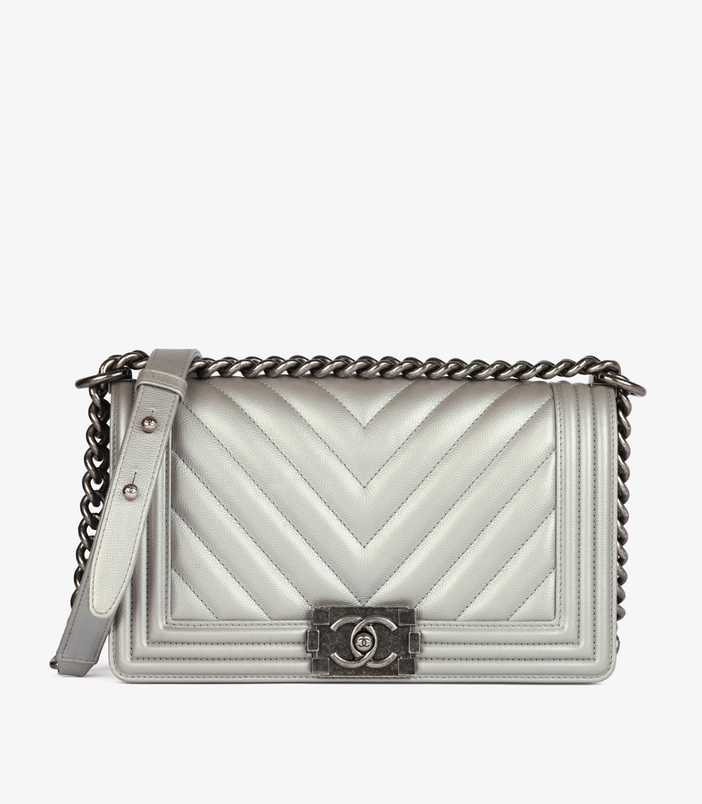 Chanel Silver Chevron Metallic Caviar Leather Medium Le Boy | RRP: £6,000