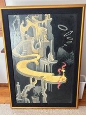 Dr Seuss Art, Pink Tufted Beast in a Night Landscape, Screen Print on Canvas