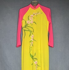 Vietnamese Long Dress- Traditional Ao Dai Yellow Floral Hand painted