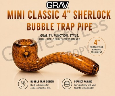 Grav  Mini Classic 4  Sherlock BUBBLE TRAP Glass Pipe, Large Bowl, AMBER