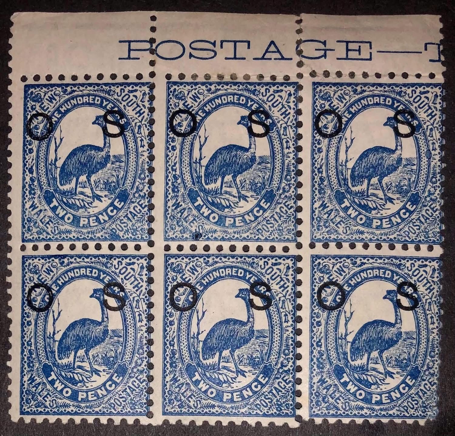 SG O40 2d blue marginal imprint block of six four MNH two MH.