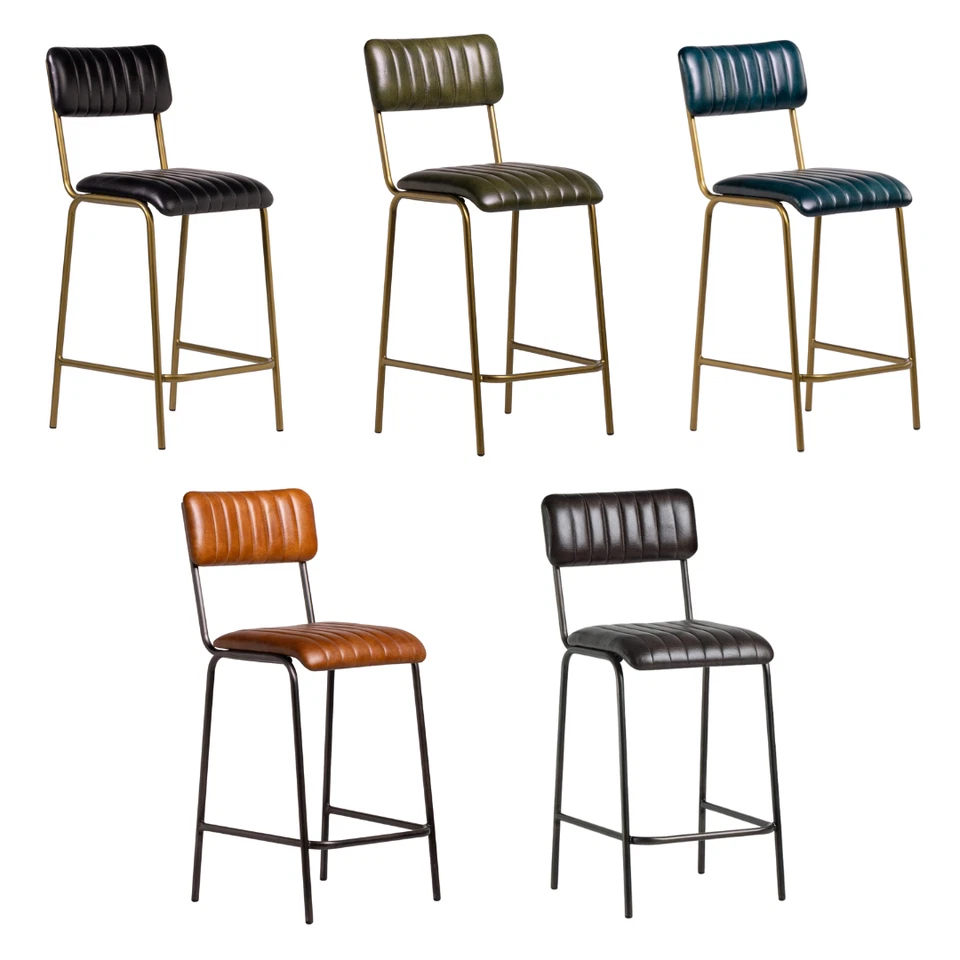 WSG Diner Bar Stool Blue Real Leather Seat Antique Brass Metal Frame 75cm