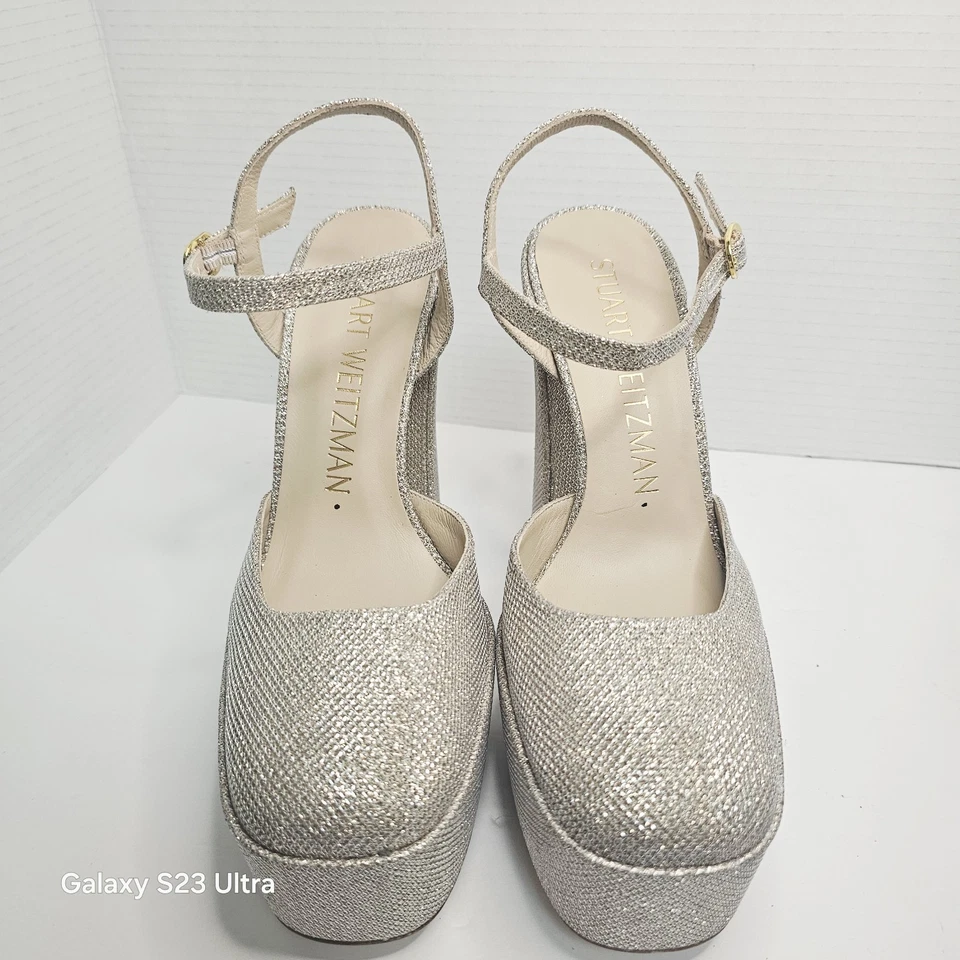 Nuevo Stuart Weitzman Nudistcurve Beige Nude Plataforma Sandalia Tacones Platino Talla 8 Foto 3 de 4