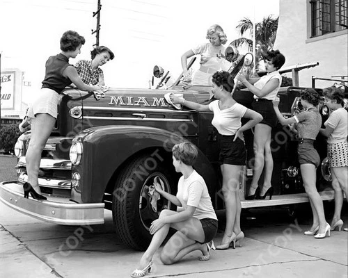 Leggy Girls Polishing Miami Fire Truck Pin-Up Style Vintage Photograph